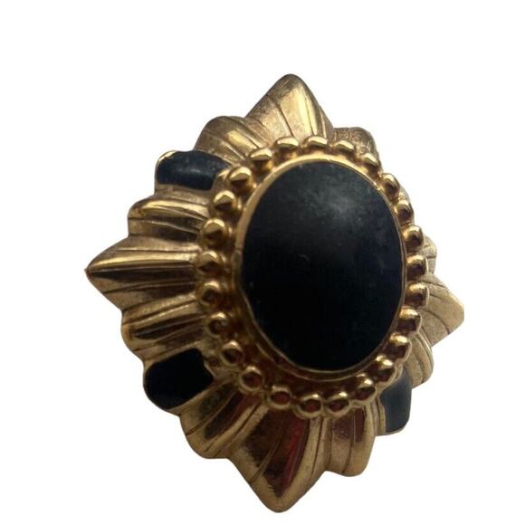 Vintage Large Gold Tone Earrings Black Oval Sunburst Stud Art Deco Pierced Glam - Picture 2 of 3